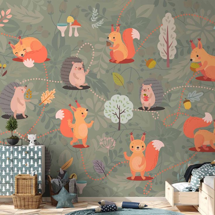 CONFIGURABLE PÄÄTUOTE - Valokuvatapetti - Friends from the forest - colourful forest with mushrooms and animals for children 78496