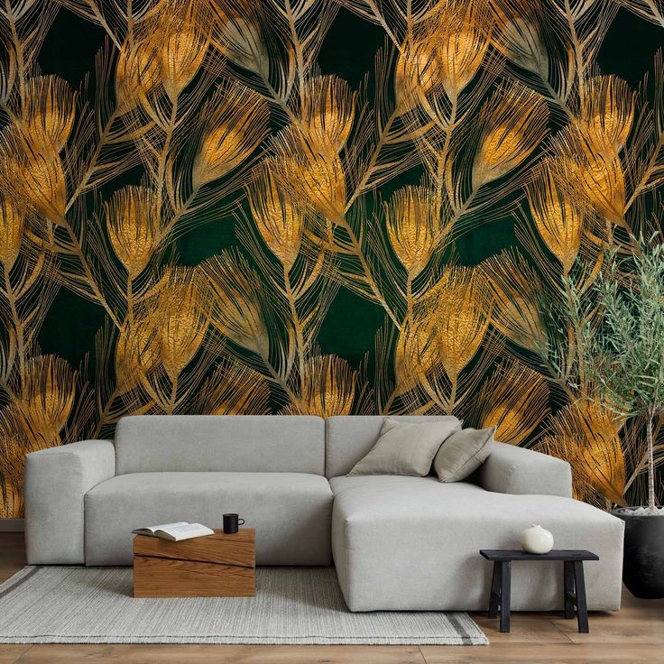 CONFIGURABLE PÄÄTUOTE - Valokuvatapetti - Golden peacock feathers - solid background with bird pattern on green background 41602