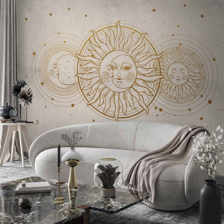 CONFIGURABLE PÄÄTUOTE - Valokuvatapetti - Golden Sun and Moon - Artistic Illustration in Retro Style 32282