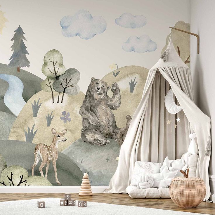 CONFIGURABLE PÄÄTUOTE - Valokuvatapetti - Green Hills - a Valley With Animals Painted in Watercolours 36791