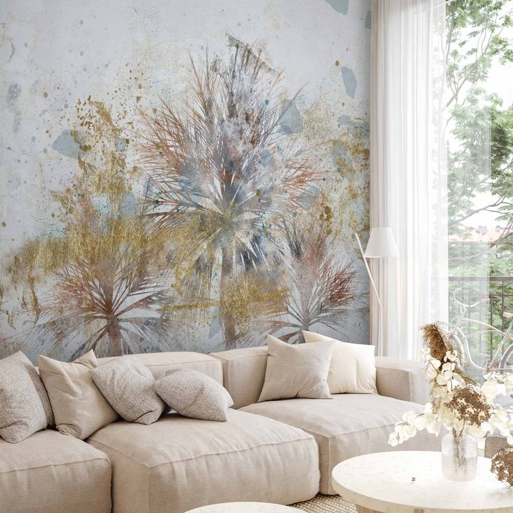 CONFIGURABLE PÄÄTUOTE - Valokuvatapetti - Grey palms - plant motif in an abstract composition with patterns 44825