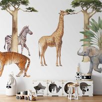 Kuvatapetti Artgeist Jungle Animals on White Background Made With Watercolour Technique, eri vaihtoehtoja