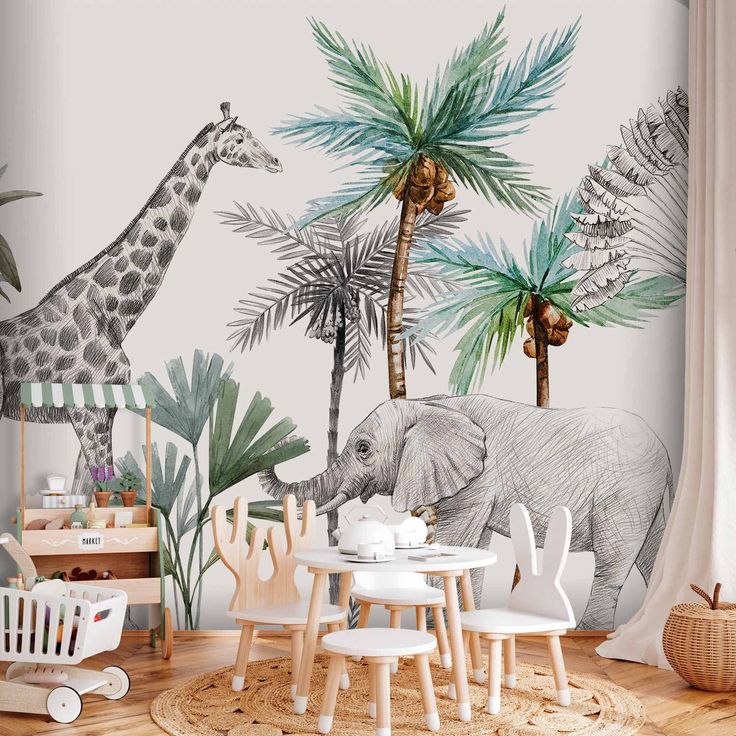 CONFIGURABLE PÄÄTUOTE - Valokuvatapetti - Jungle Animals Wallpaper for Children's Room in Cartoon Style 37996