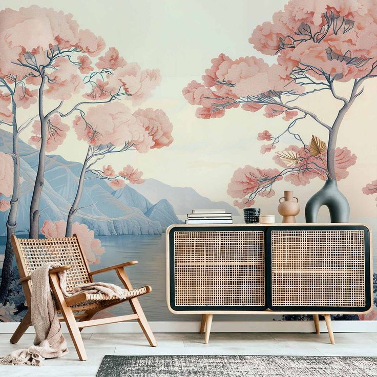 CONFIGURABLE PÄÄTUOTE - Valokuvatapetti - Landscape with the Ocean Cliffs and Trees in Delicate Pink Shades 16831