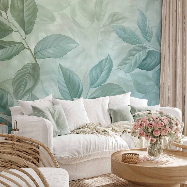 CONFIGURABLE PÄÄTUOTE - Valokuvatapetti - Large Leaves in Shades of Green-Mint: Botanical Motif 92159