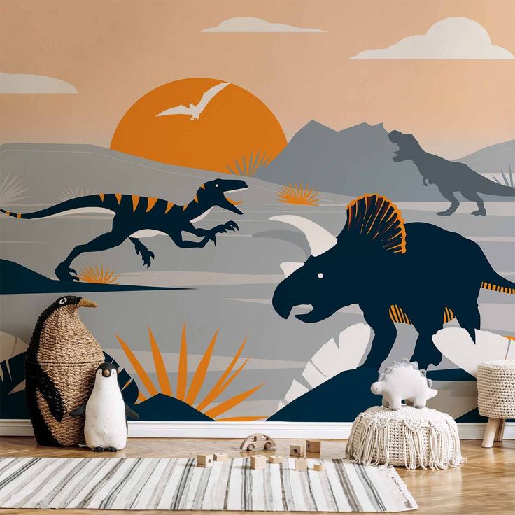 CONFIGURABLE PÄÄTUOTE - Valokuvatapetti - Last dinosaurs with orange - abstract landscape for a room 89581