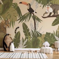 Kuvatapetti Artgeist Leaves and Shapes - Jungle in Faded Colours With Animals, eri vaihtoehtoja