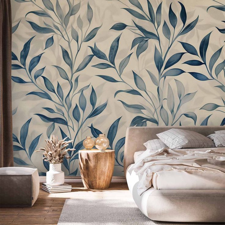 CONFIGURABLE PÄÄTUOTE - Valokuvatapetti - Leaves in Blue Colors Delicate Botanical Motif 85809