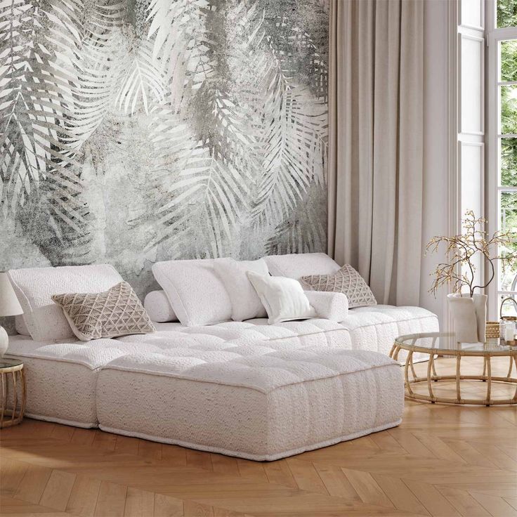 CONFIGURABLE PÄÄTUOTE - Valokuvatapetti - Light and shadow - grey and white composition with floral motif and pattern 43422