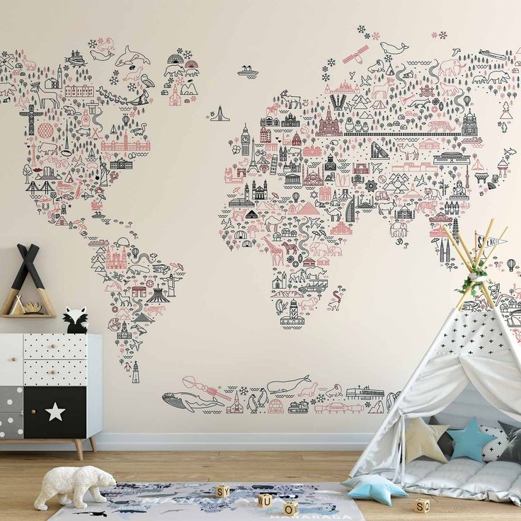 CONFIGURABLE PÄÄTUOTE - Valokuvatapetti - Map With Icons - Cartoon Representation of the World in Pastel Colours 35350