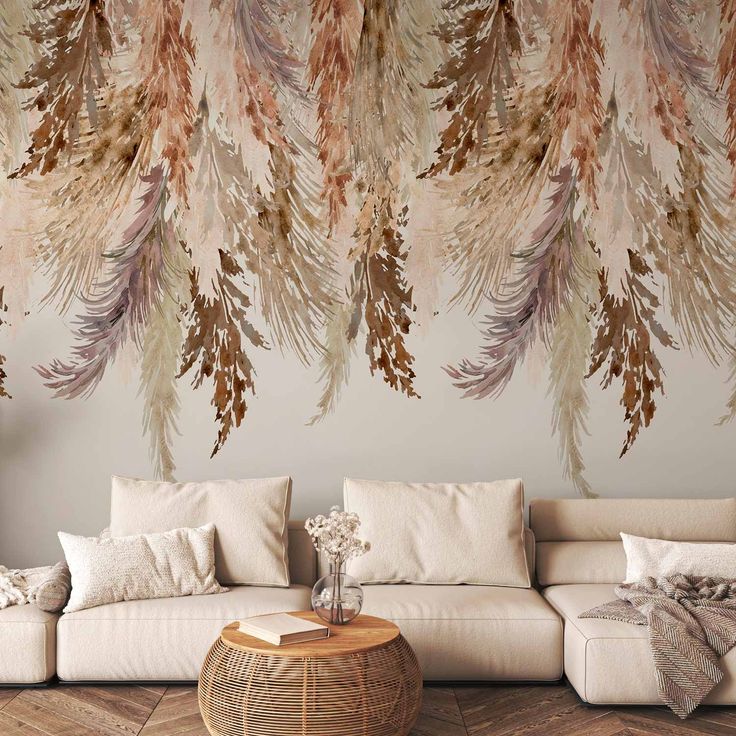 CONFIGURABLE PÄÄTUOTE - Valokuvatapetti - Minimalist boho landscape - dangling leaves in beige colours 65257