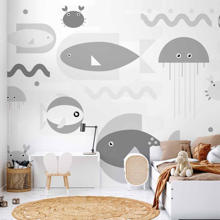 CONFIGURABLE PÄÄTUOTE - Valokuvatapetti - Minimalist grey ocean - geometric fish in water for children 90006