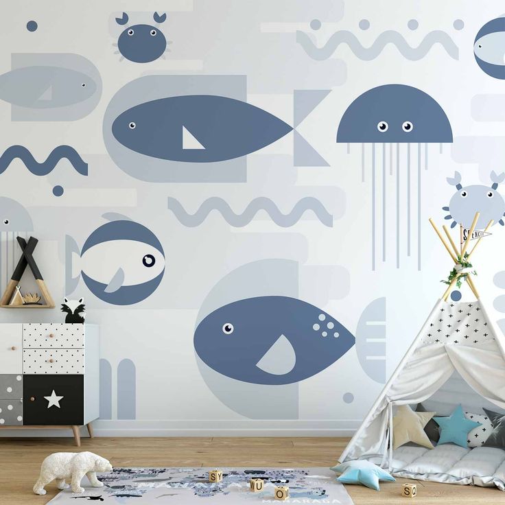 CONFIGURABLE PÄÄTUOTE - Valokuvatapetti - Minimalist ocean - geometric fish and crabs in water for kids 89864