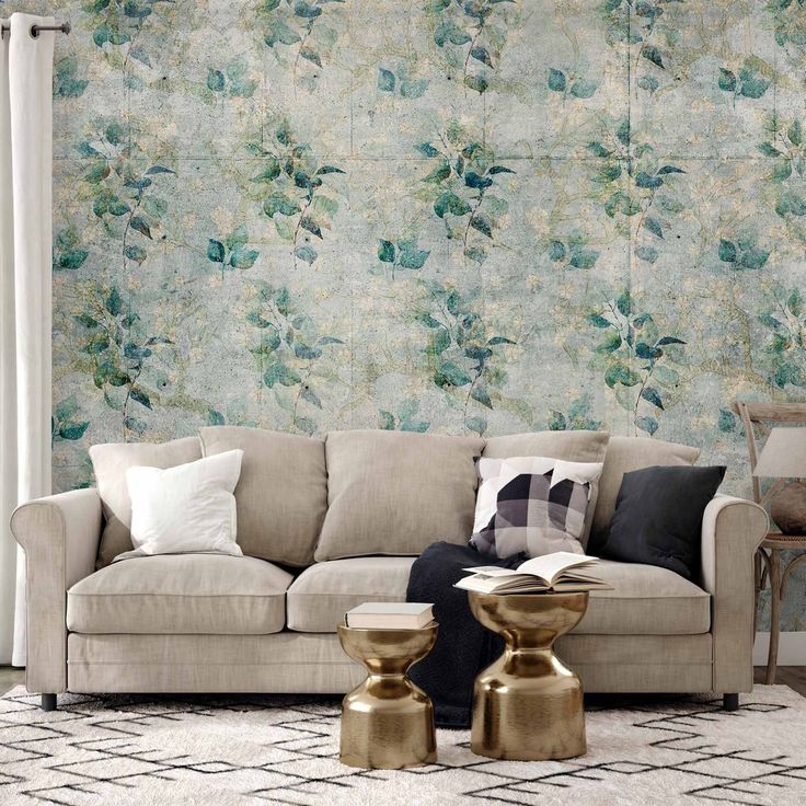 CONFIGURABLE PÄÄTUOTE - Valokuvatapetti - Mint tones - green leaf bouquets on a retro patterned background 46508