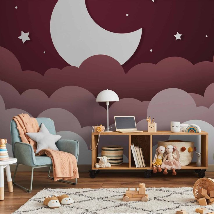 CONFIGURABLE PÄÄTUOTE - Valokuvatapetti - Moon dream - clouds in a maroon sky with stars for children 91263