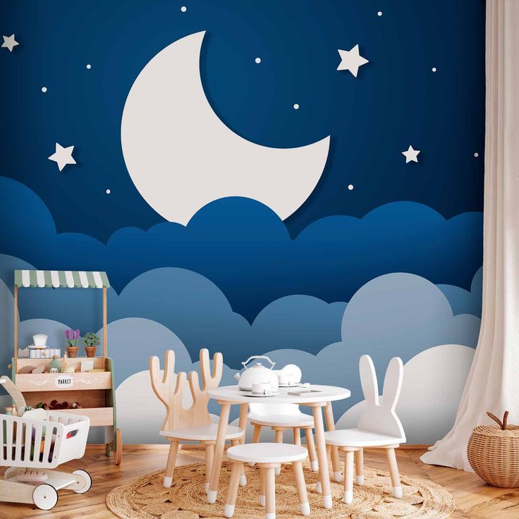 CONFIGURABLE PÄÄTUOTE - Valokuvatapetti - Moon dream - clouds on a dark blue sky with stars for children 91126