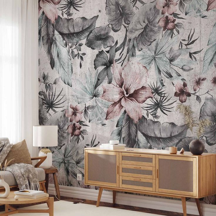 CONFIGURABLE PÄÄTUOTE - Valokuvatapetti - Nature in retro style - landscape with leaves and flowers in grey tones 46362