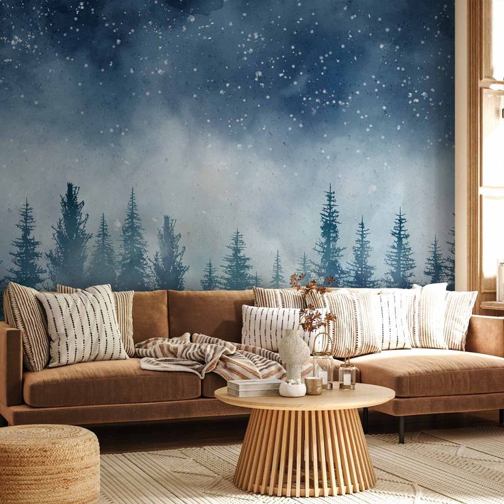 CONFIGURABLE PÄÄTUOTE - Valokuvatapetti - Night landscape - landscape of a misty forest at night with a starry sky 74464