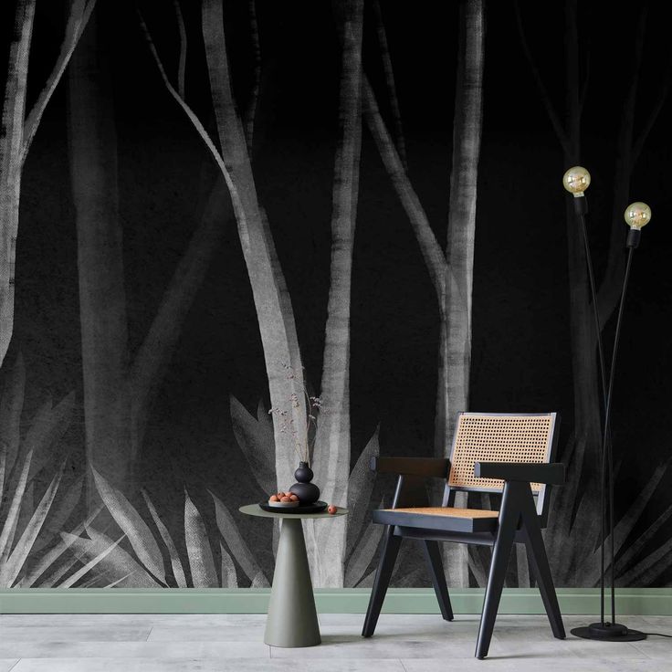 CONFIGURABLE PÄÄTUOTE - Valokuvatapetti - Noise of the forest at night - minimalist landscape of white trees on a black background 39500