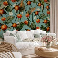 Kuvatapetti Artgeist Orange grove - plant motif with fruit and leaves on a blue background, eri vaihtoehtoja