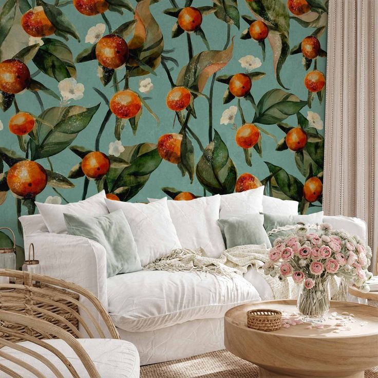 CONFIGURABLE PÄÄTUOTE - Valokuvatapetti - Orange grove - plant motif with fruit and leaves on a blue background 12787