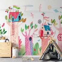 Kuvatapetti Artgeist Painted tree houses - a colourful fantasy with kites for children, eri vaihtoehtoja
