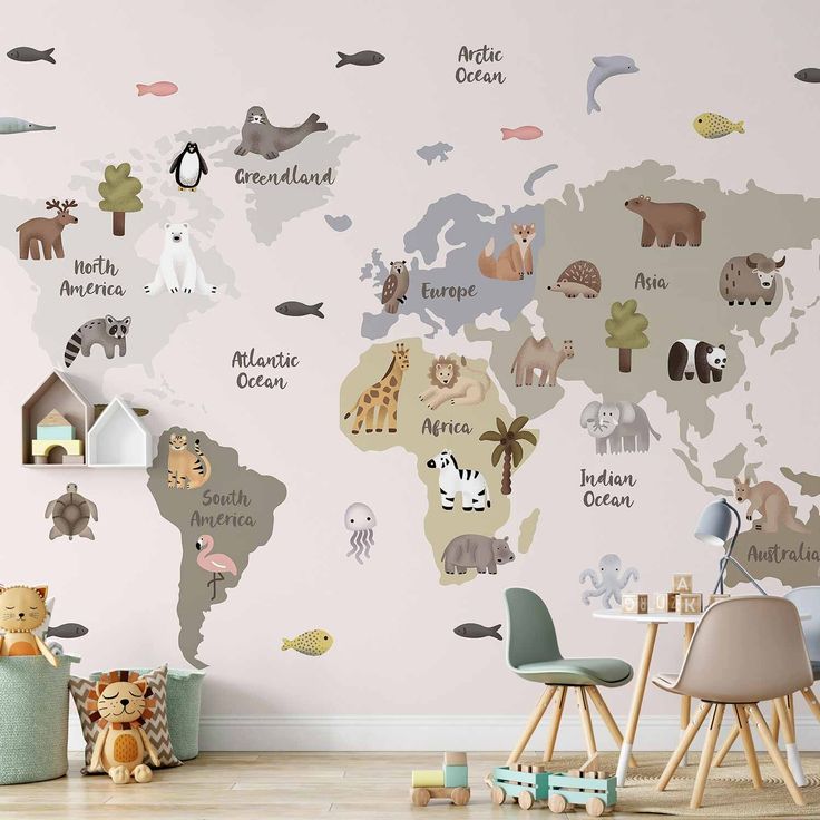 CONFIGURABLE PÄÄTUOTE - Valokuvatapetti - Pastel Map - Animals and Continents for Children's Room 26952