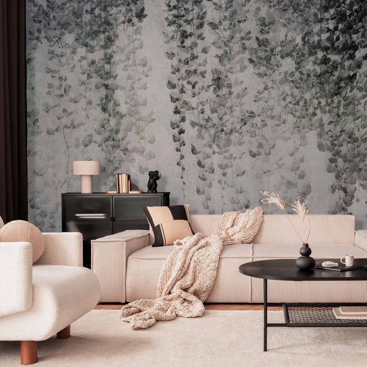 CONFIGURABLE PÄÄTUOTE - Valokuvatapetti - Peaceful oasis - landscape of hanging black leaf vines on a grey background 66230