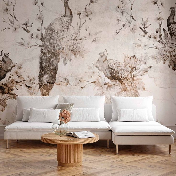 CONFIGURABLE PÄÄTUOTE - Valokuvatapetti - Peacocks in Delicate Beige 29591