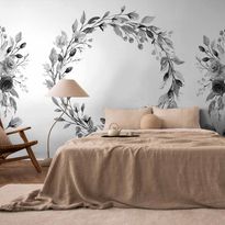 Kuvatapetti Artgeist Romantic wreath - grey plant motif with leaves with rose pattern, eri vaihtoehtoja