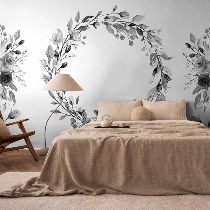 CONFIGURABLE PÄÄTUOTE - Valokuvatapetti - Romantic wreath - grey plant motif with leaves with rose pattern 67770