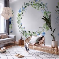 Kuvatapetti Artgeist Romantic wreath - plant motif with blue flowers and leaves, eri vaihtoehtoja