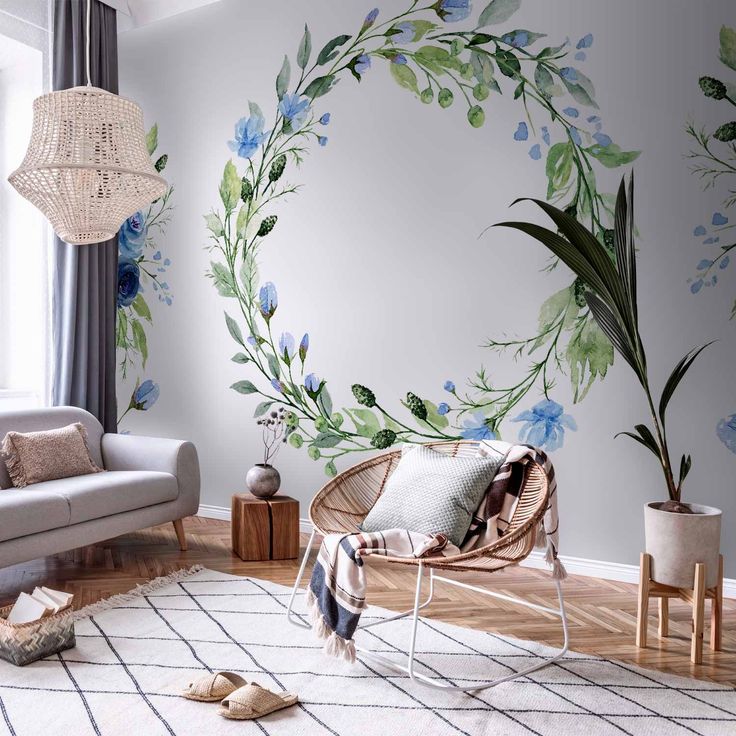 CONFIGURABLE PÄÄTUOTE - Valokuvatapetti - Romantic wreath - plant motif with blue flowers and leaves 67633