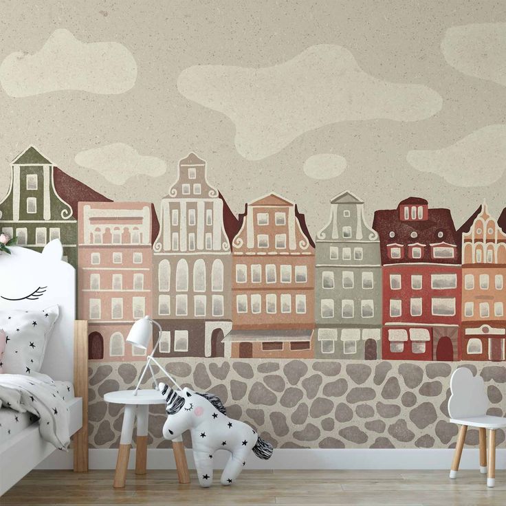 CONFIGURABLE PÄÄTUOTE - Valokuvatapetti - Salt Square - Colorful Illustrated Townhouses Against a Cloudy Sky Background 14134