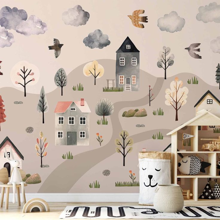 CONFIGURABLE PÄÄTUOTE - Valokuvatapetti - Scandinavian Valley - Village in Pastel Colours Painted in Watercolours 37279