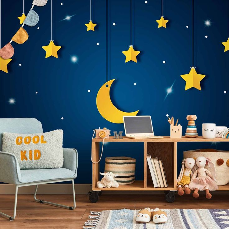 CONFIGURABLE PÄÄTUOTE - Valokuvatapetti - Skyline - night sky landscape with stars and moon for children 90563