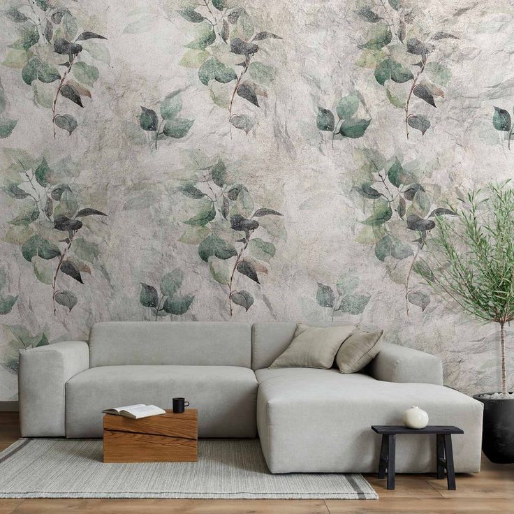 CONFIGURABLE PÄÄTUOTE - Valokuvatapetti - Statue of nature - plant motif with green leaves with grey patterns 45945