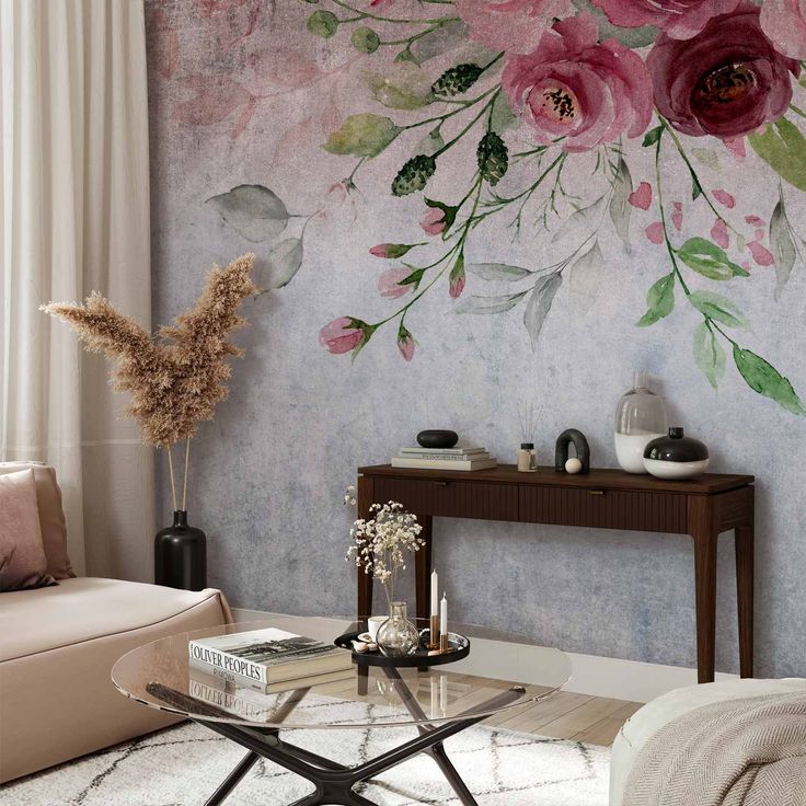 CONFIGURABLE PÄÄTUOTE - Valokuvatapetti - Summer bloom - plant motif with flowers and leaves in pink tones 68197