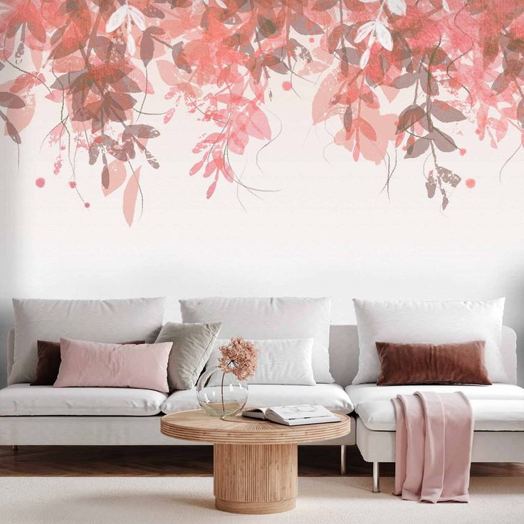 CONFIGURABLE PÄÄTUOTE - Valokuvatapetti - Under vegetation - hanging vines of pink leaves on a neutral background 43002