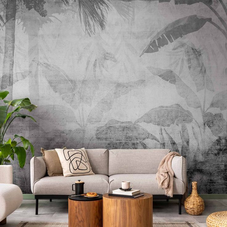 CONFIGURABLE PÄÄTUOTE - Valokuvatapetti - Vanishing jungle - landscape of exotic trees and leaves in grey tones 83695