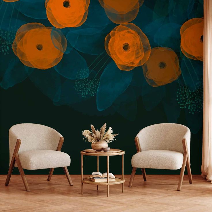 CONFIGURABLE PÄÄTUOTE - Valokuvatapetti - Watercolour composition - orange patterns on a delicate leaf background 39784