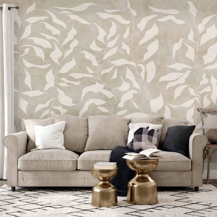 CONFIGURABLE PÄÄTUOTE - Valokuvatapetti - White leaves - abstract plant motif on beige background with frame 67817