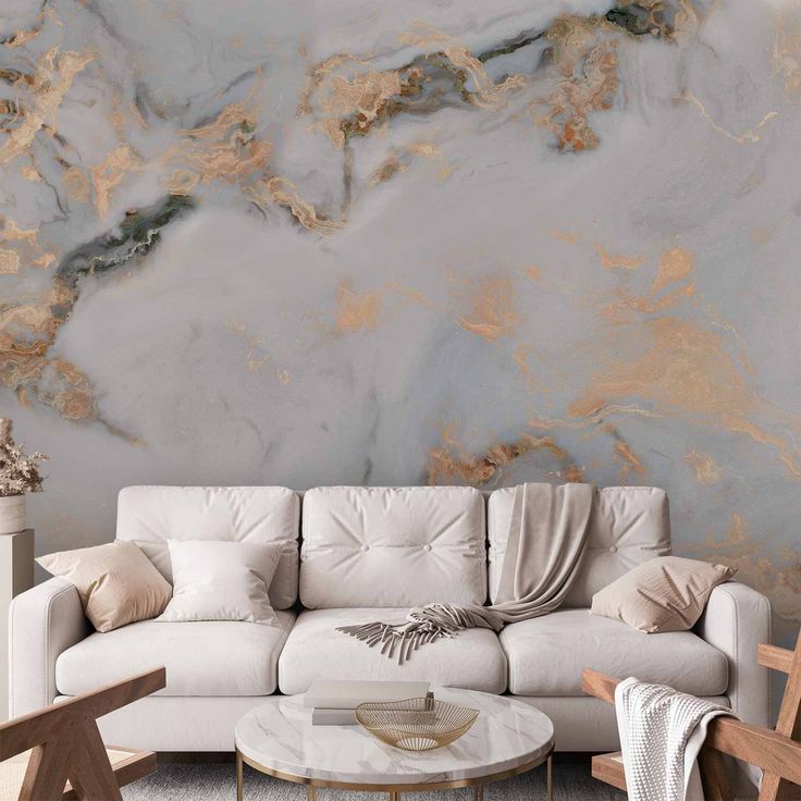 CONFIGURABLE PÄÄTUOTE - Valokuvatapetti - White Stone - Elegant Marble With Golden Highlights 43034