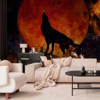 Kuvatapetti Artgeist Wild nature - wolf on a background of a red moon in flames of fire, eri vaihtoehtoja