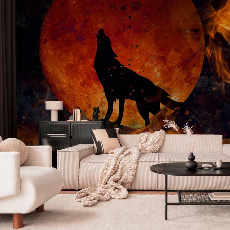 CONFIGURABLE PÄÄTUOTE - Valokuvatapetti - Wild nature - wolf on a background of a red moon in flames of fire 28891