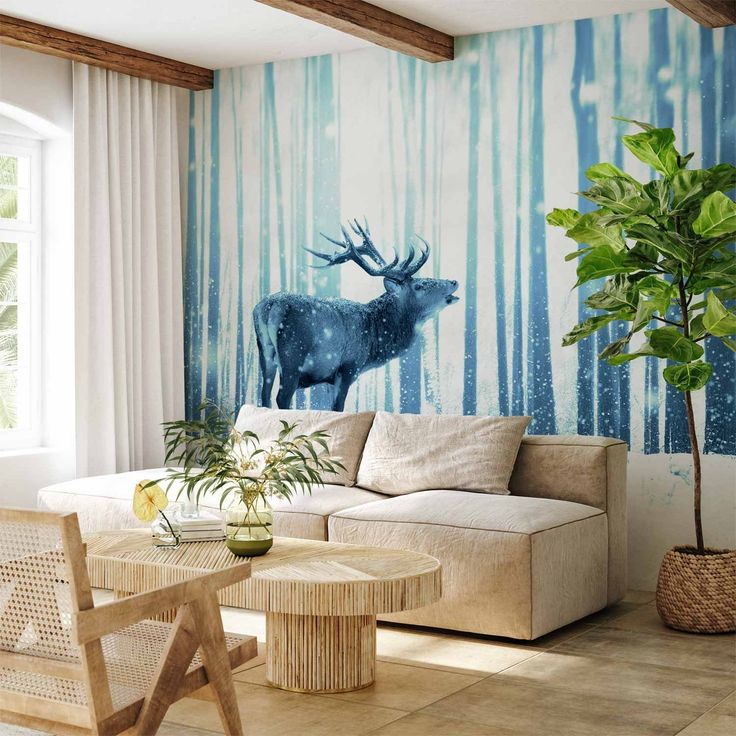 CONFIGURABLE PÄÄTUOTE - Valokuvatapetti - Winter animals - deer motif on a forest background in shades of blue 77116