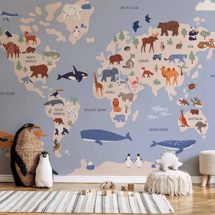 CONFIGURABLE PÄÄTUOTE - Valokuvatapetti - World Map With Animal Illustrations 49517