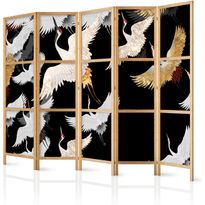 Japanilainen sermi Artgeist Cranes at Night Golden-White Birds Flying Away on a Black Background, 172x225cm, musta