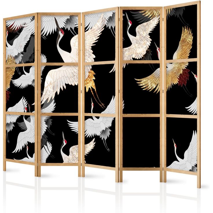 Japanilainen sermi - Cranes at Night - Golden-White Birds Flying Away on a Black Background