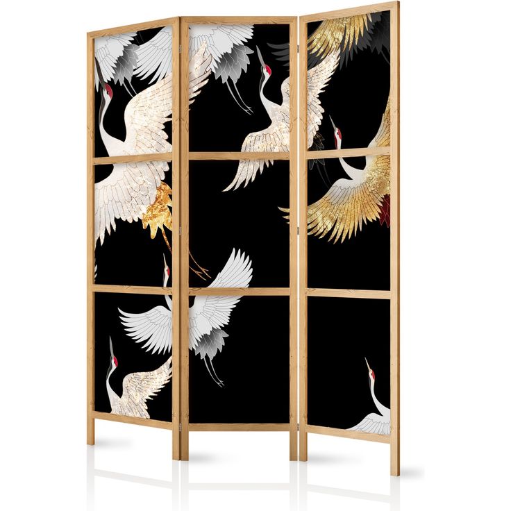 Japanilainen sermi - Cranes at Night - White and Gold Birds Flying Away on a Black Background